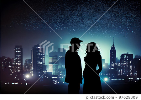 Romantic moment between teenage couple in silhouette against blur of the city at night. Romantic moment between teenage couple in silhouette against blur of the city at night. 97629309