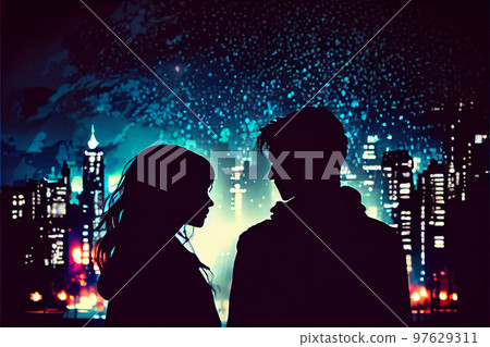Romantic moment between teenage couple in silhouette against blur of the city at night. 97629311