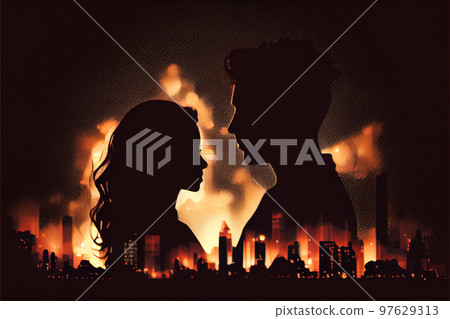 Romantic moment between teenage couple in silhouette against blur of the city at night. Romantic moment between teenage couple in silhouette against blur of the city at night. 97629313