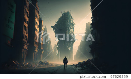 dark dystopian dead cityscape with alone human figure, neural network generated art 97629369