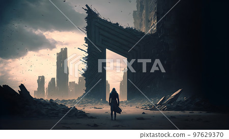dark dystopian dead cityscape with alone human figure, neural network genertated art wallpaper 97629370