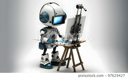 friendly robot artist next to his easel, painting and paints while working on white background, neural network ai generated art 97629427