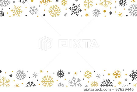 Christmas falling frosty snowflakes ornate border with copy space. Gold silver black winter snowy frame for Xmas greeting card, ads banner flyer party event invitation gift certificate coupon voucher Christmas falling frosty snowflakes ornate border with copy space. Gold silver black winter snowy frame for Xmas greeting card, ads banner flyer party event invitation gift certificate coupon voucher 97629446