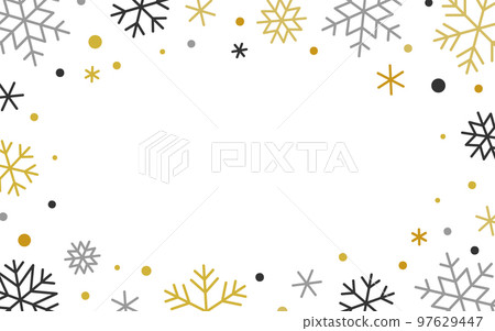 Snowflake winter linear border. Ornate frame with copy space, falling frosty snow flakes on white. Snowy confetti for Xmas card, banner flyer, party event invitation, gift certificate coupon voucher 97629447