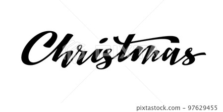 Merry Christmas brush lettering. Hand drawn ink pen calligraphy isolated on white. Typography template for winter holiday greeting card, print overlay banner poster flyer Xmas postcard Merry Christmas brush lettering. Hand drawn ink pen calligraphy isolated on white. Typography template for winter holiday greeting card, print overlay banner poster flyer Xmas postcard 97629455