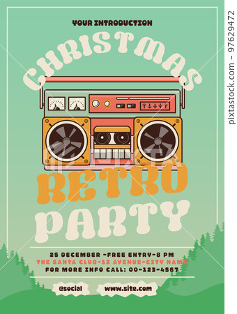Christmas flyer in modern art deco style. Happy New Year 2023 celebration retro party card with tape recorder. Xmas poster. Stock vector 97629472