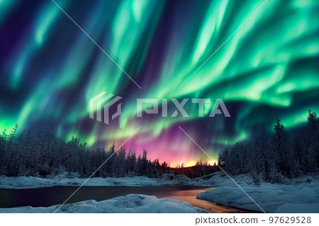 Aurora borealis landscape 97629528