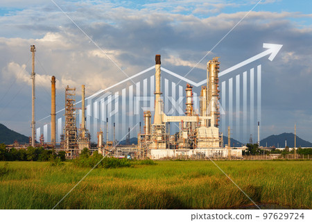 Oil gas refinery or petrochemical plant with concept of business, industry. Oil gas refinery or petrochemical plant with concept of business, industry. 97629724