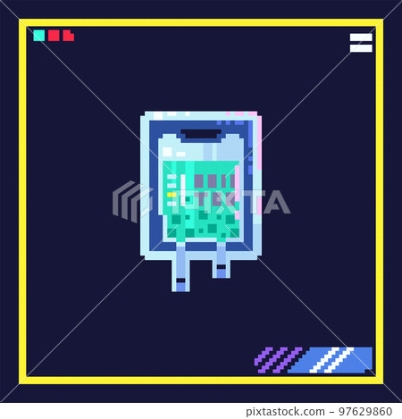 Pixel art futuristic bubble tea illustration. 8bit cyberpunk style icon of container with cyber drink. Vector 80s retro game sticker with pack with liquid beverage. 97629860