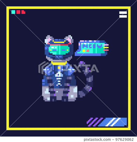 Pixel art cyber cat illustration. 8bit cyberpunk style icon of robotic animal with electronics implant. Vector 80s retro game sticker with futuristic cat. Pixel art cyber cat illustration. 8bit cyberpunk style icon of robotic animal with electronics implant. Vector 80s retro game sticker with futuristic cat. 97629862