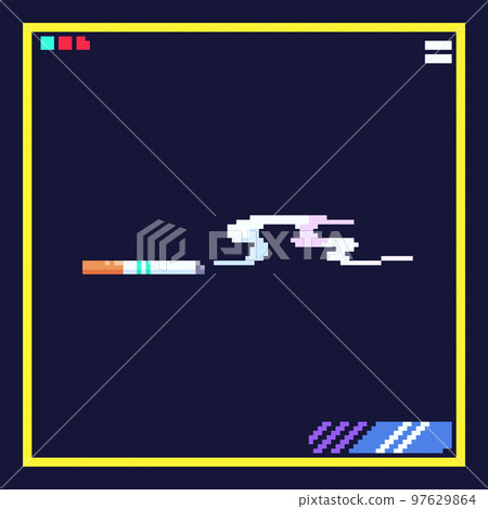 Pixel art cyber cigarette illustration. 8bit cyberpunk style icon of retro cigarette with smoke. Vector 80s retro game sticker. Pixel art cyber cigarette illustration. 8bit cyberpunk style icon of retro cigarette with smoke. Vector 80s retro game sticker. 97629864