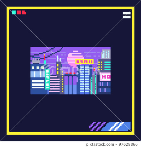 Pixel art cyber city illustration. 8bit cyberpunk style icon of night cityscape. Vector 80s retro game sticker. 97629866