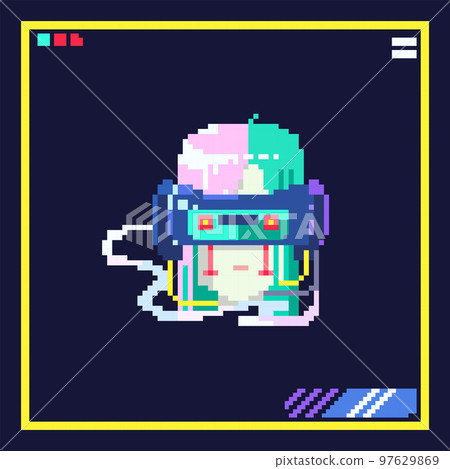 Pixel art cyberpunk girl illustration. 8bit cyberpunk style icon of female character with implants, pink hairs and futuristic glasses. Vector 80s retro game sticker with cyborg. Pixel art cyberpunk girl illustration. 8bit cyberpunk style icon of female character with implants, pink hairs and futuristic glasses. Vector 80s retro game sticker with cyborg. 97629869