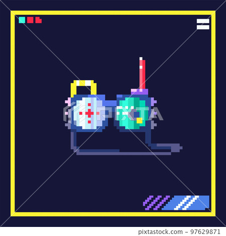 Pixel art cyber glasses illustration. 8bit cyberpunk style icon of tech geek glasses. Vector 80s retro game sticker with cyborg eyes. Pixel art cyber glasses illustration. 8bit cyberpunk style icon of tech geek glasses. Vector 80s retro game sticker with cyborg eyes. 97629871