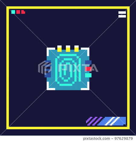 Pixel art cyber identity verification. 8bit cyberpunk style icon fingerprint id check. Vector 80s retro game electronics sticker.  97629879