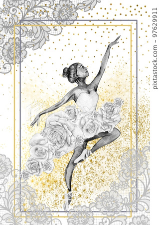 Hand drawn watercolor card template dancing ballerina with flower and lace. Pink pretty ballerina. Watercolor hand drawn illustration. Pictures for poster, invitation, postcard, background and posters 97629911