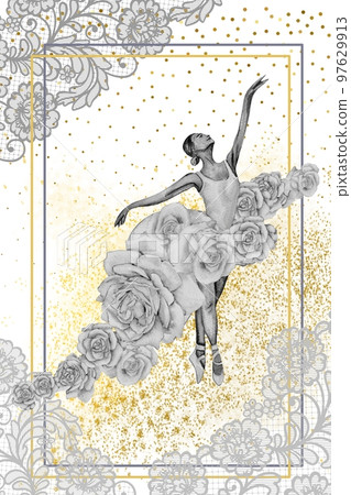 Hand drawn watercolor card template dancing ballerina with flower and lace. Pink pretty ballerina. Watercolor hand drawn illustration. Pictures for poster, invitation, postcard, background and posters 97629913