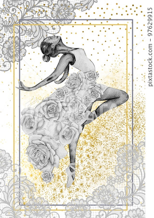 Hand drawn watercolor card template dancing ballerina with flower and lace. Pink pretty ballerina. Watercolor hand drawn illustration. Pictures for poster, invitation, postcard, background and posters 97629915