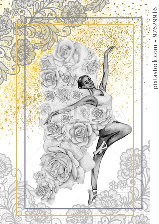 Hand drawn watercolor card template dancing ballerina with flower and lace. Pink pretty ballerina. Watercolor hand drawn illustration. Pictures for poster, invitation, postcard, background and posters 97629916