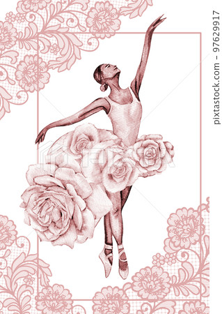 Hand drawn watercolor card template dancing ballerina with flower and lace. Pink pretty ballerina. Watercolor hand drawn illustration. Pictures for poster, invitation, postcard, background and posters 97629917