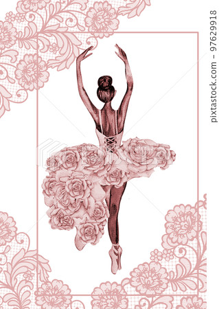 Hand drawn watercolor card template dancing ballerina with flower and lace. Pink pretty ballerina. Watercolor hand drawn illustration. Pictures for poster, invitation, postcard, background and posters 97629918