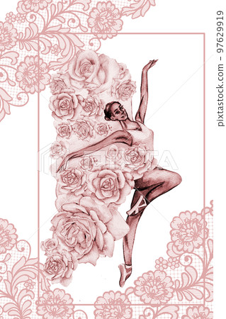Hand drawn watercolor card template dancing ballerina with flower and lace. Pink pretty ballerina. Watercolor hand drawn illustration. Pictures for poster, invitation, postcard, background and posters 97629919