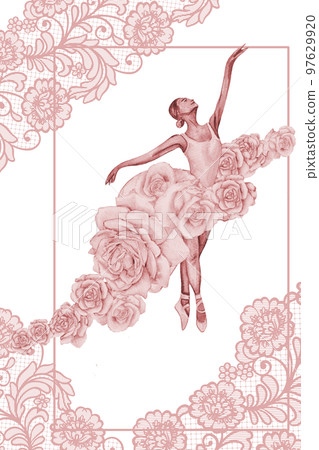 Hand drawn watercolor card template dancing ballerina with flower and lace. Pink pretty ballerina. Watercolor hand drawn illustration. Pictures for poster, invitation, postcard, background and posters 97629920