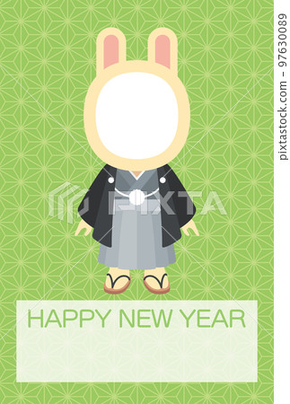 Illustration of a rabbit face photo frame wearing a crested hakama and a hemp leaf background (no annotations) [New Year's card template (year of the rabbit)] 97630089