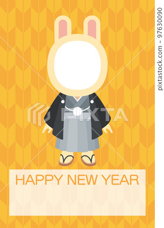 Illustration of a rabbit face photo frame wearing a crested hakama and an arrow background (no annotations) [New Year's card template (year of the rabbit)] 97630090
