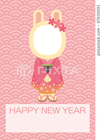 Illustration of a rabbit face photo frame wearing a kimono and a Qinghai wave background (no annotations) [New Year's card template (year of the rabbit)] 97630091