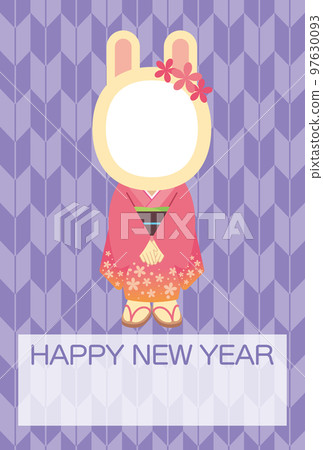Illustration of a rabbit face photo frame wearing a kimono and an arrow background (no annotations) [New Year's card template (Year of the Rabbit)] 97630093