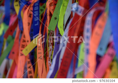 Colorful ribbons of our lord do Bonfim which is believed to bring luck 97630104