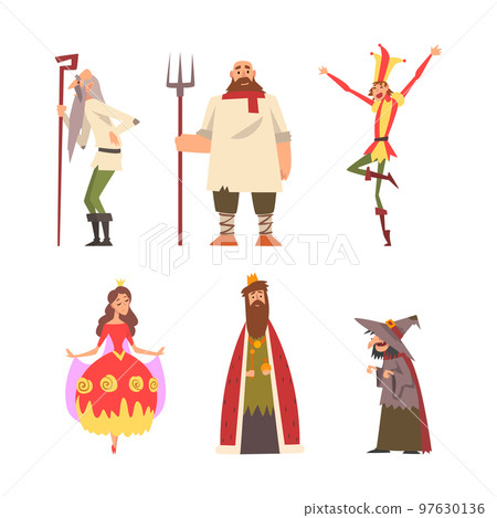 Medieval King in Mantle, Princess, Old Peasant Man with Cane, Jester and Witch Vector Set 97630136