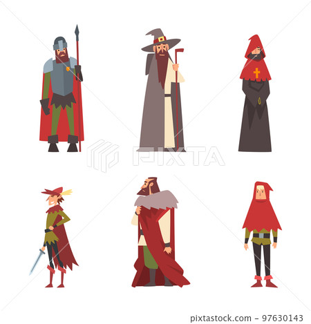 Medieval Knight, Warlock in Hat, Priest and Noble Man in Mantle Vector Set 97630143