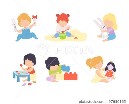 Baby Boy and Girl Sitting on the Floor and Playing Toys in Nursery and in Sandpit Vector Set 97630165
