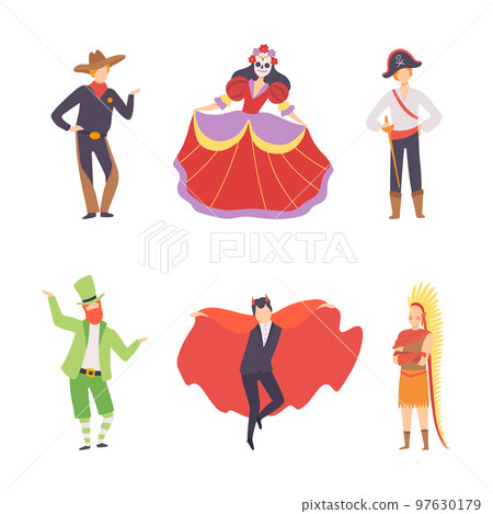 Man and Woman Character Wearing Carnival or Party Garment Vector Illustration Set 97630179