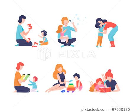Man and Woman Parent Bringing up Kids Playing and Educating Them Vector Set Man and Woman Parent Bringing up Kids Playing and Educating Them Vector Set 97630180