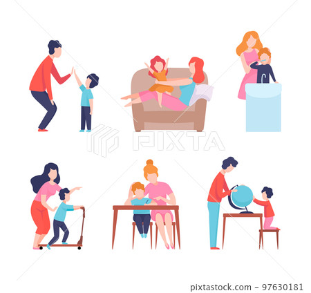 Man and Woman Parent Bringing up Kids Playing and Educating Them Vector Set Man and Woman Parent Bringing up Kids Playing and Educating Them Vector Set 97630181