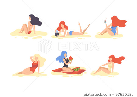 Young Woman at Sea Shore Sunbathing and Enjoying Summer Vector Set Young Woman at Sea Shore Sunbathing and Enjoying Summer Vector Set 97630183