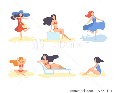 Young Woman at Sea Shore Sunbathing and Enjoying Summer Vector Set 97630184