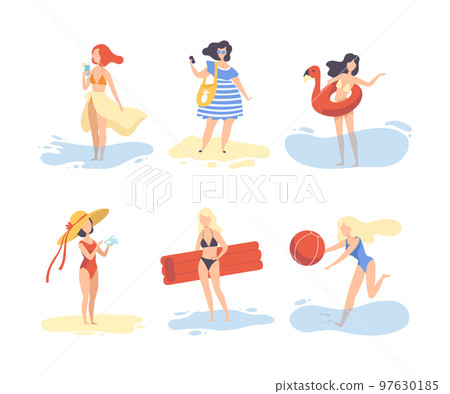 Young Woman at Sea Shore Sunbathing and Enjoying Summer Vector Set 97630185