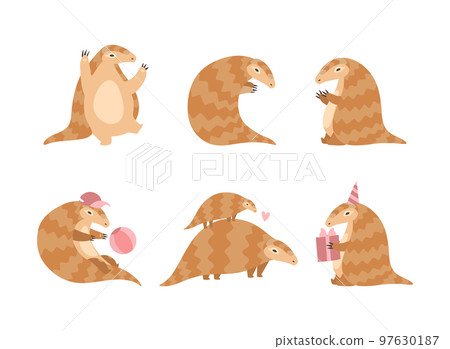 Pangolin or Scaly Anteater with Clawed Paw Engaged in Different Activity Vector Set 97630187