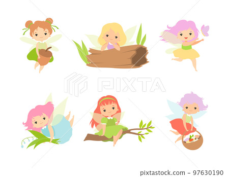 Little Fairy or Pixie with Wings as Woodland Nymph Vector Set Little Fairy or Pixie with Wings as Woodland Nymph Vector Set 97630190