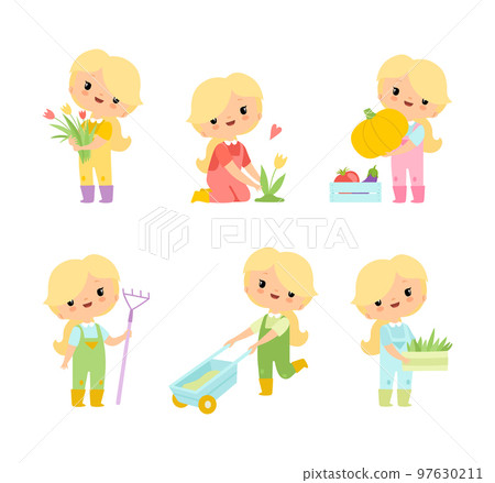 Little Blond Girl in Jumpsuit at Farm Working in the Garden Vector Set 97630211
