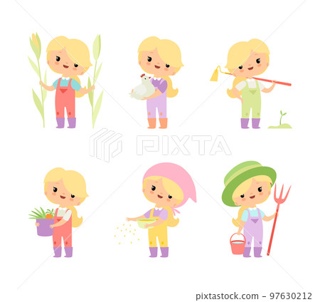 Little Blond Girl in Jumpsuit at Farm Working in the Garden Vector Set 97630212