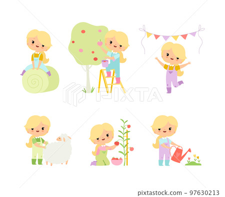 Little Blond Girl in Jumpsuit at Farm Working in the Garden Vector Set 97630213