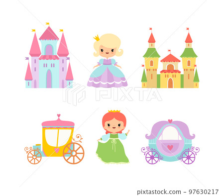Royal Princess in Pretty Dress and Carriage with Castle Vector Set 97630217