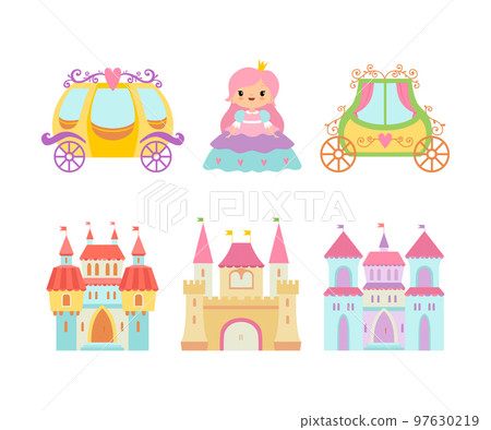 Royal Princess in Pretty Dress and Carriage with Castle Vector Set Royal Princess in Pretty Dress and Carriage with Castle Vector Set 97630219