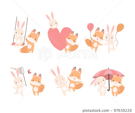 Pretty Little Bunny and Fox Cub Playing Together as Best Friends Vector Set Pretty Little Bunny and Fox Cub Playing Together as Best Friends Vector Set 97630220