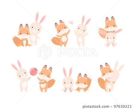 Pretty Little Bunny and Fox Cub Playing Together as Best Friends Vector Set 97630221